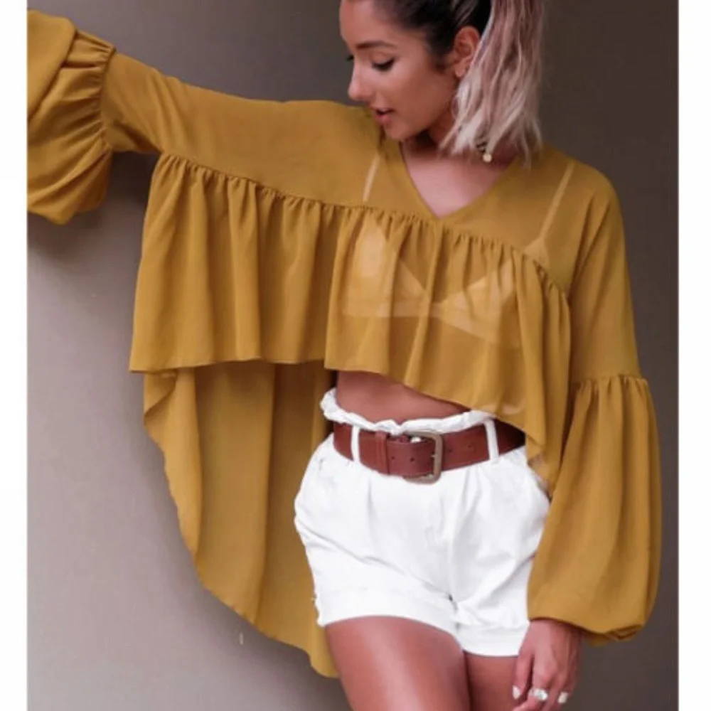 Mustard Ruffle High-Low V-Neck Blouse - Women's - Picture 1 of 6